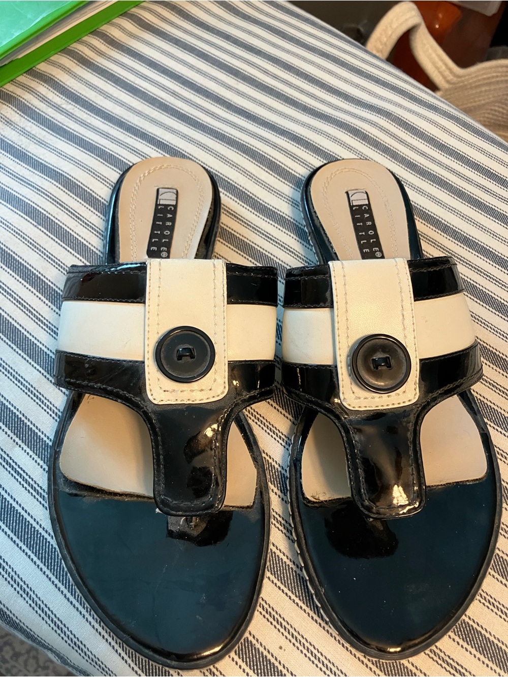 Carole Little Black and Cream Patent Slide Sandals with Button Detail